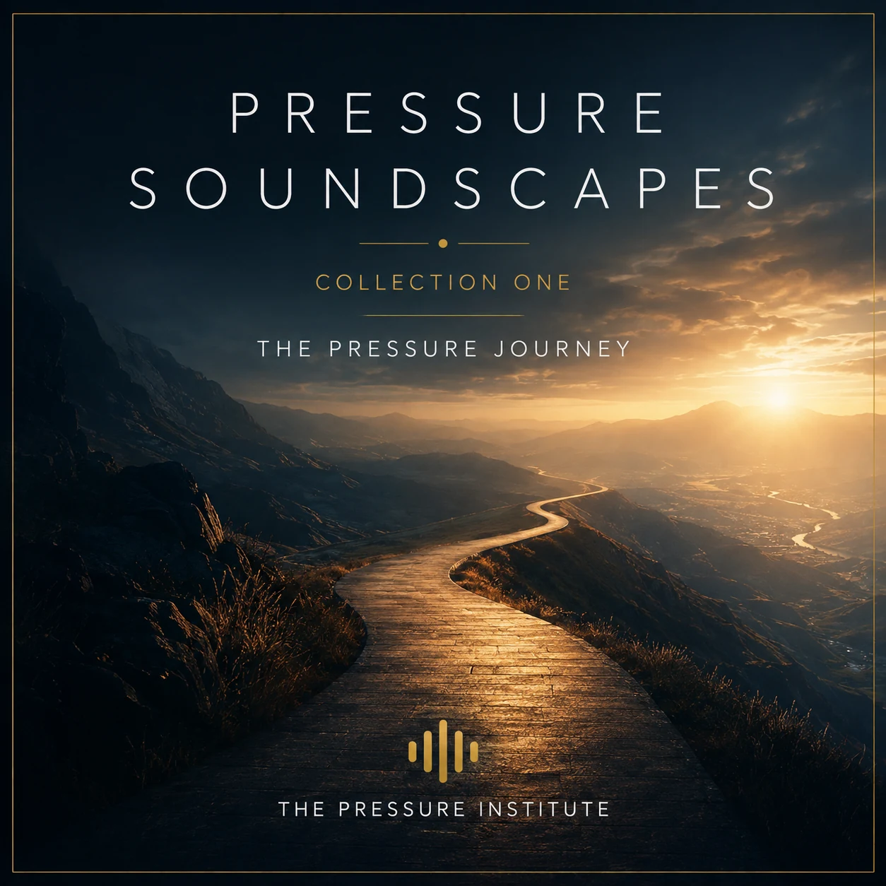 A square cover for Pressure Soundscapes Collection One, titled The Pressure Journey, with a dark blue landscape and a winding path leading toward warm light on the horizon.