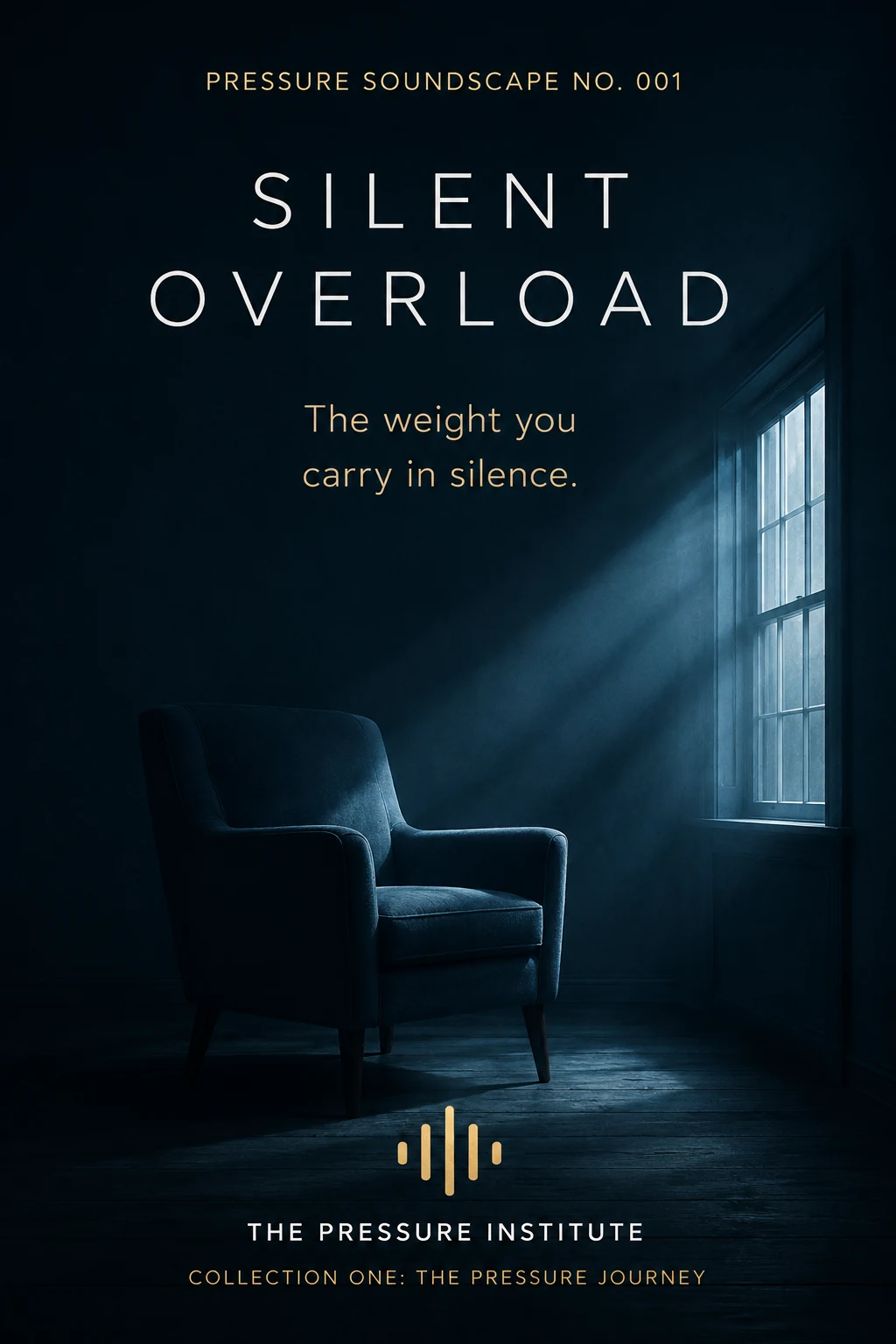 A dark room with an empty chair beside a tall window, illuminated by a narrow beam of blue light.