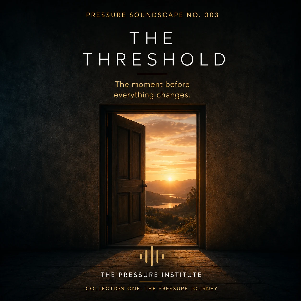 An open wooden door in a dark room revealing a sunlit mountain landscape and distant water beyond the threshold.