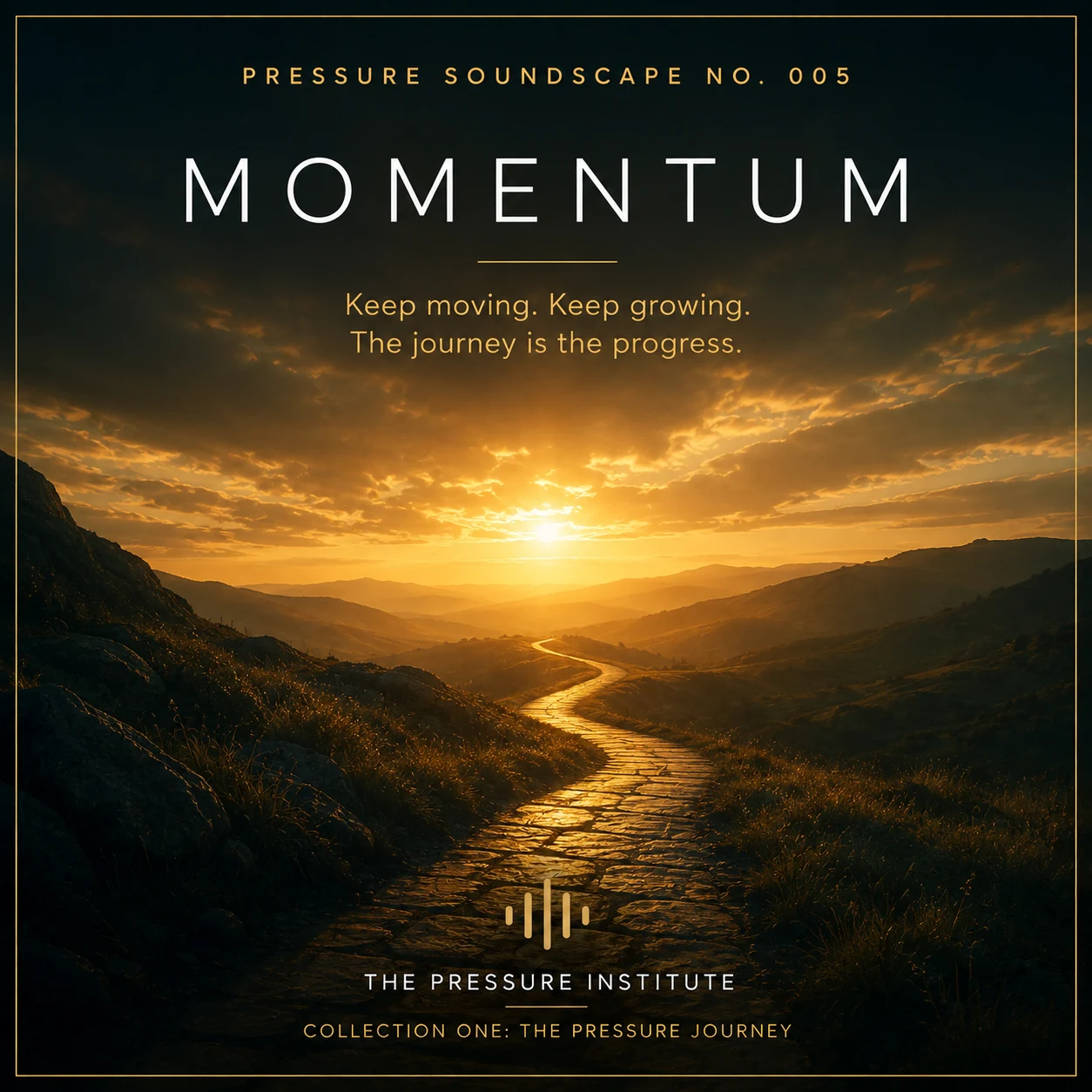 A winding stone path through a mountain landscape leading toward a bright sunrise.
