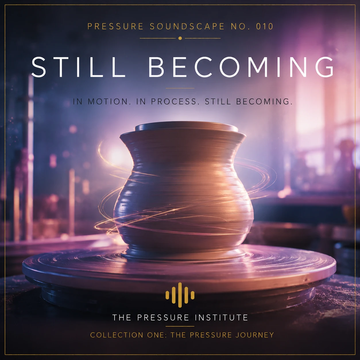 A ceramic vessel taking shape on a pottery wheel, surrounded by soft purple and golden light.