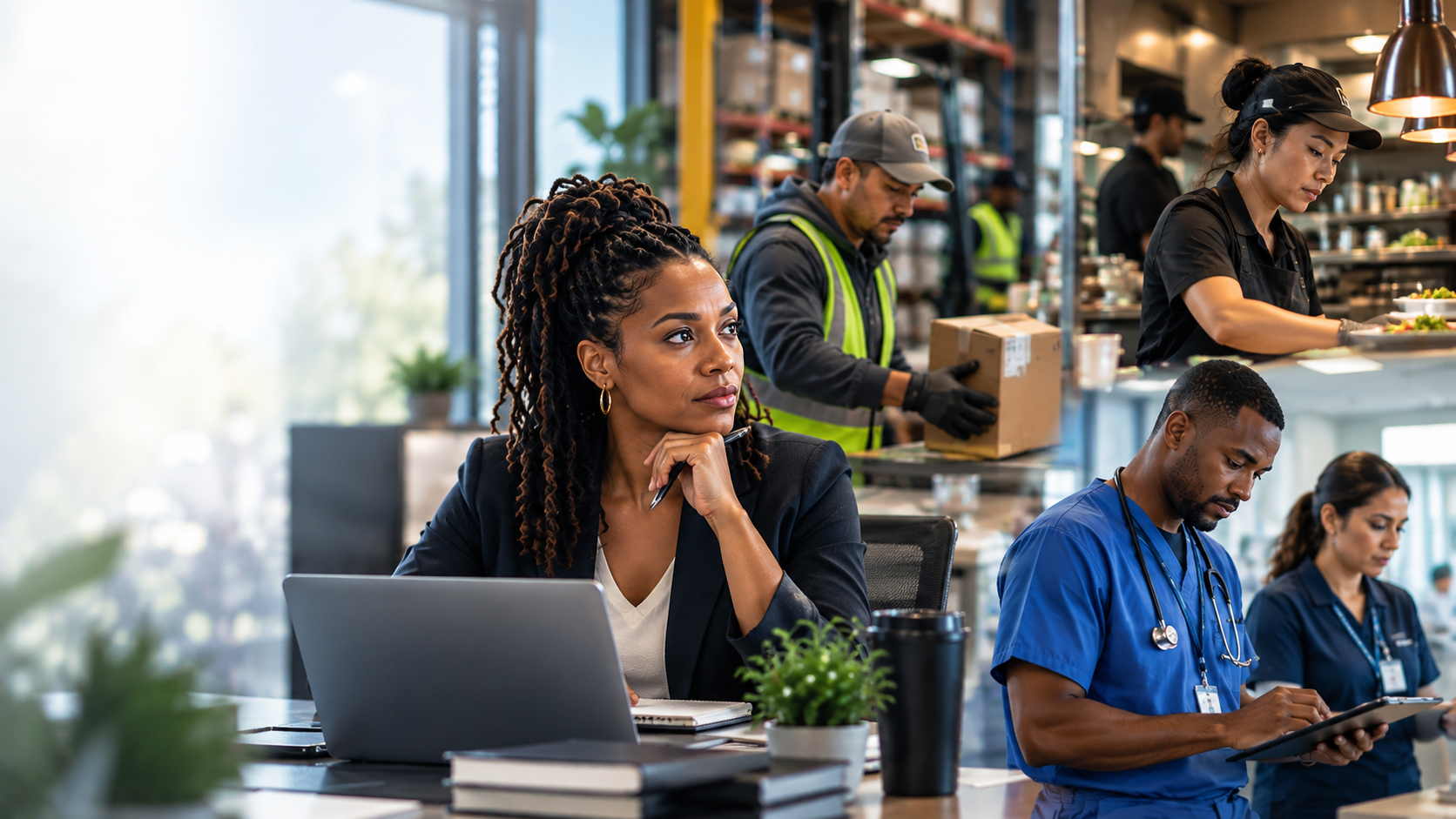 Diverse professionals working across office, logistics, hospitality, and healthcare environments.