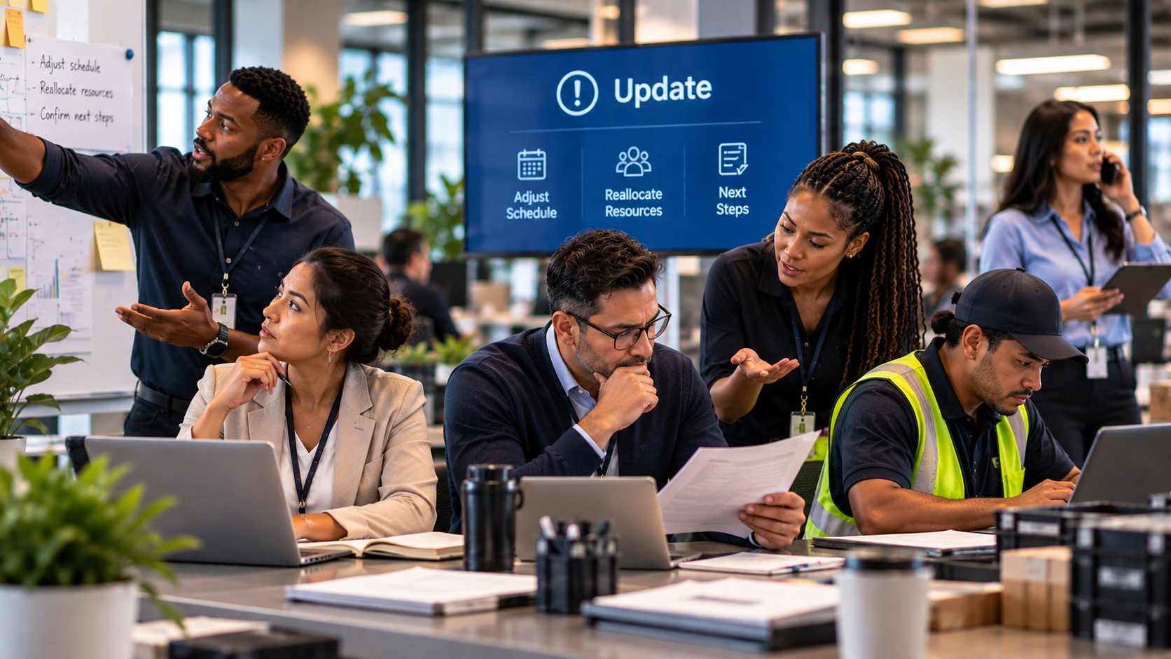 Diverse cross-functional team responding in different ways to the same workplace update.