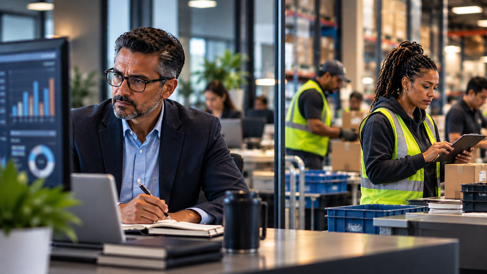 Manager reviewing workforce data while an employee continues working in an operations environment beyond a glass partition.